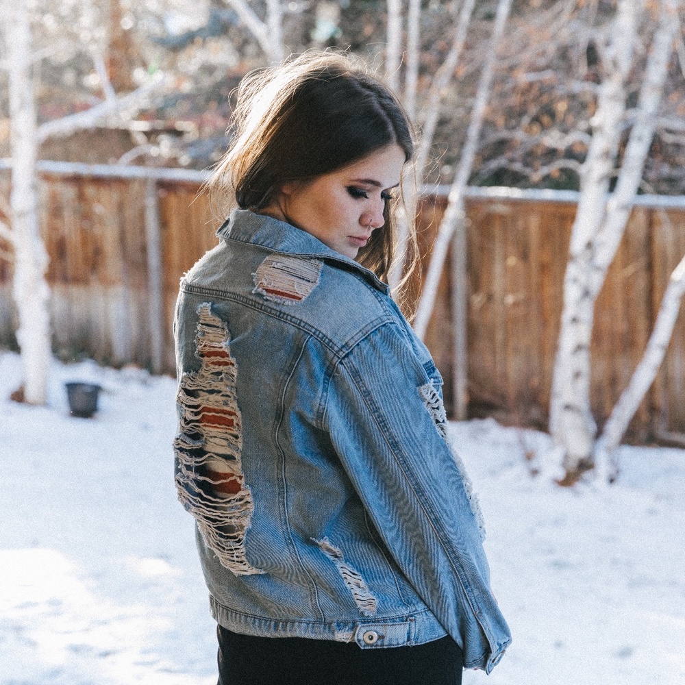 Button Front Ripped Jean Jacket